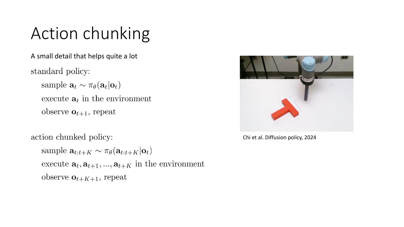 한 action씩 예측하는 standard policy와 여러 action을 묶어 예측하는 action chunked policy의 비교